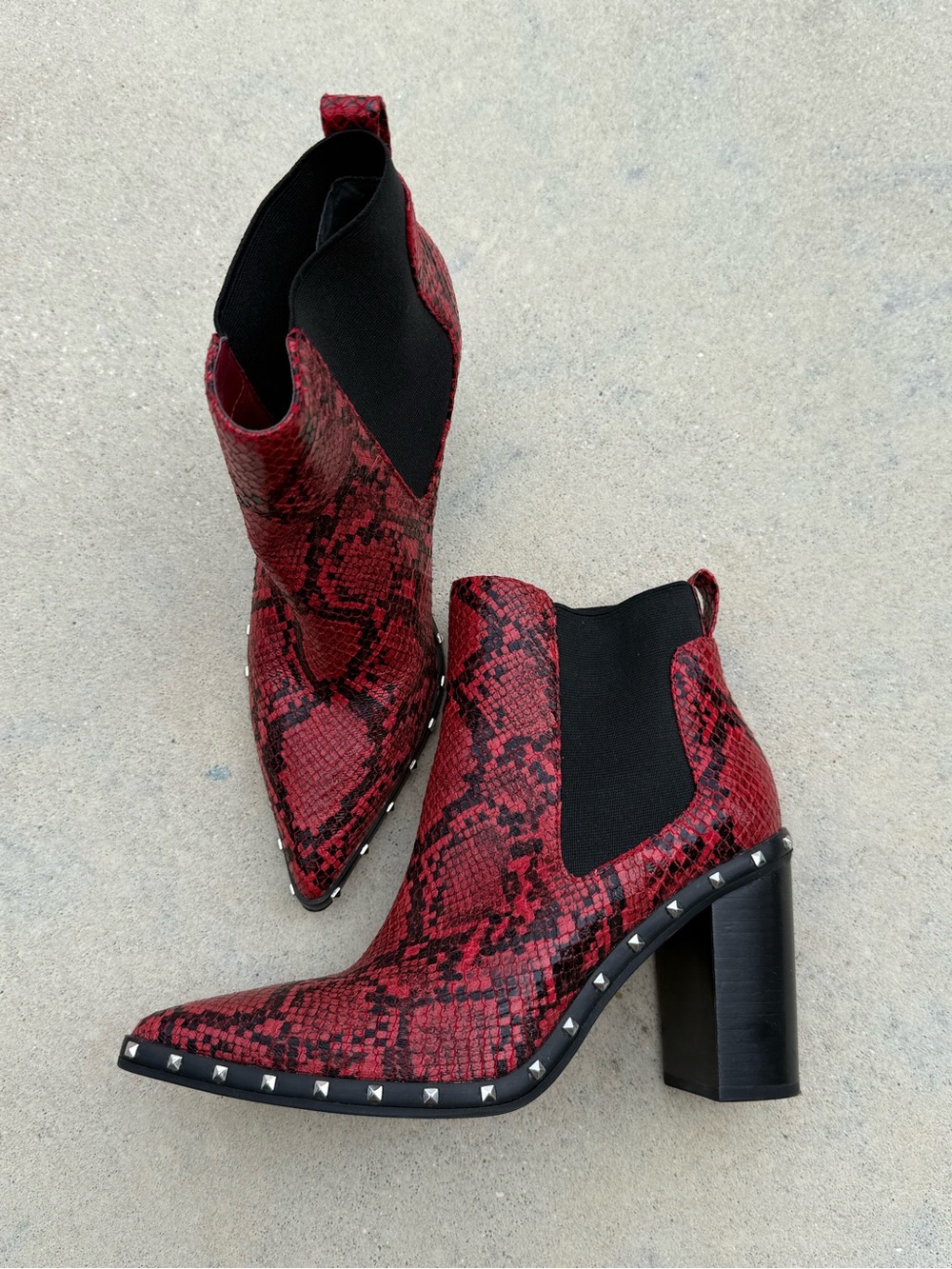 Red Snake-Print Studded Chelsea Booties